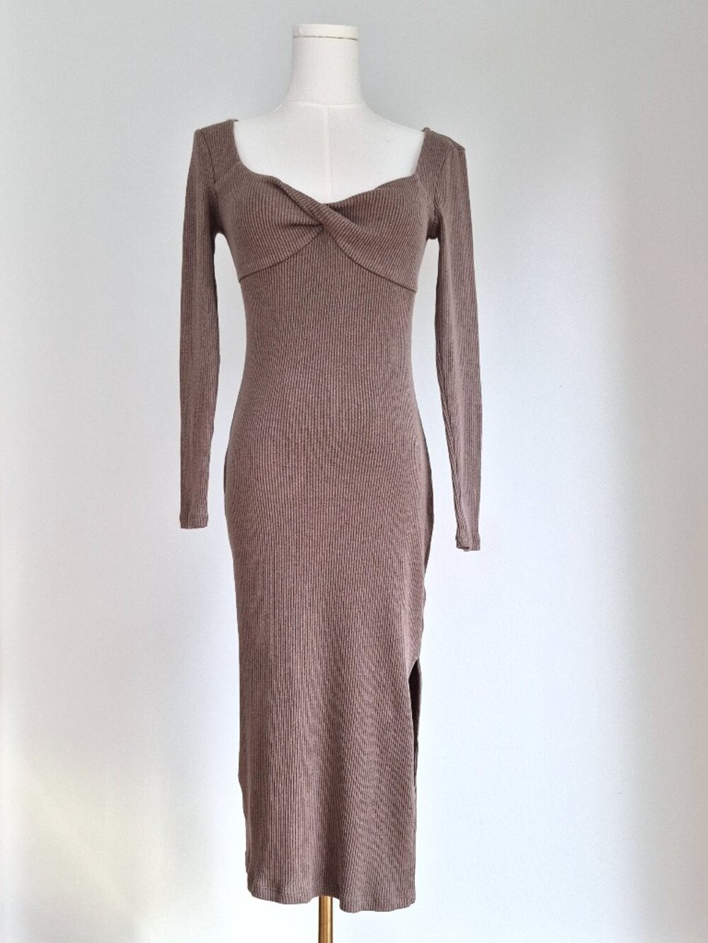 Brown rib-knit midi dress, XS